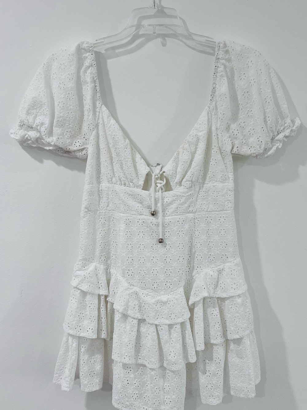 Olivaceous White Eyelet Ruffle Mini Dress Puff Sleeve Size M